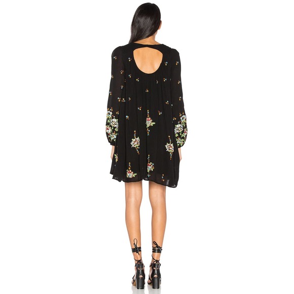 Free People Oxford Embroidered Mini Dress Black Sz Large Floral Embroidery Boho - Picture 3 of 15